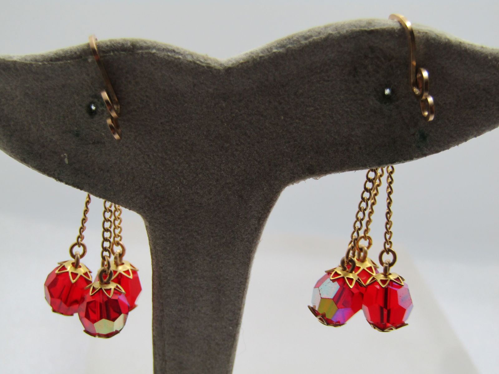 Vintage Red Aurora Borealis Slide Earrings, Dangles, 1960's - 6