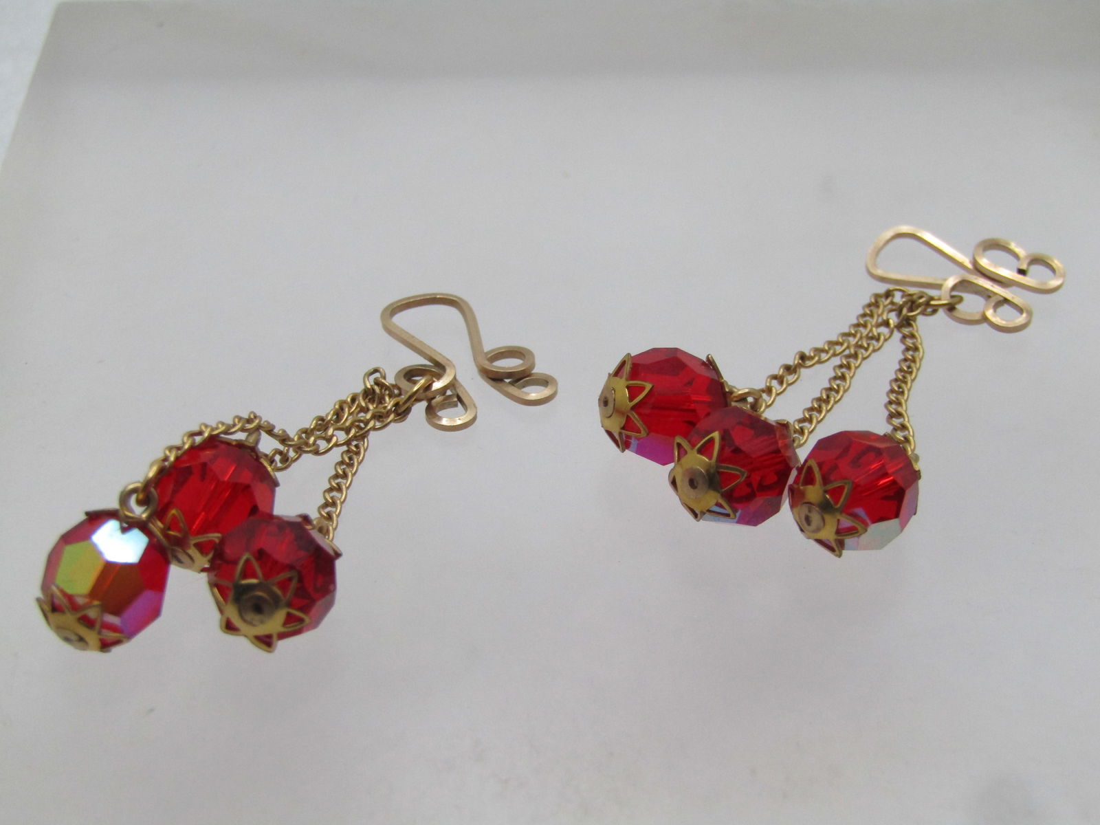 Vintage Red Aurora Borealis Slide Earrings, Dangles, 1960's - 7