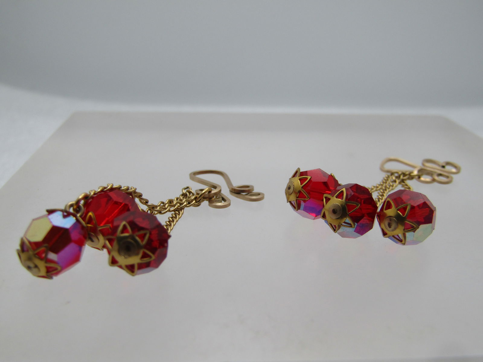 Vintage Red Aurora Borealis Slide Earrings, Dangles, 1960's - 8