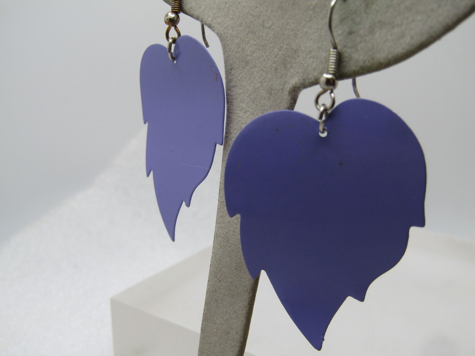 Vintage Lavender Enameled Leaf Earrings, Pierced, Dangle, 1960's - 2