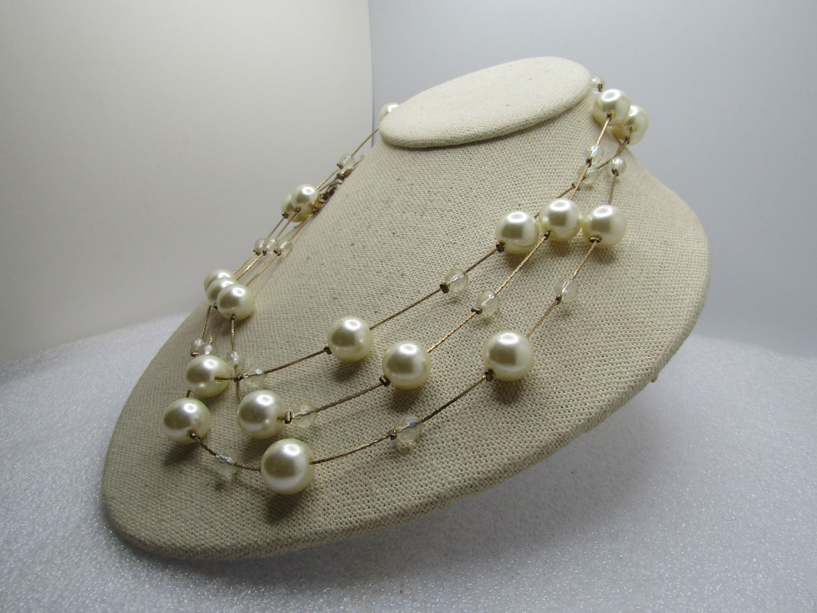Vintage Faux Pearl & Clear AB Necklace 54", 1980's - 2