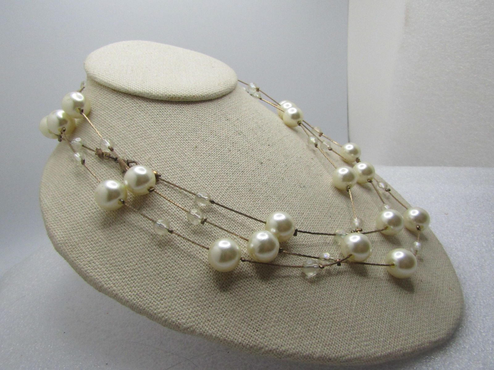 Vintage Faux Pearl & Clear AB Necklace 54", 1980's - 3