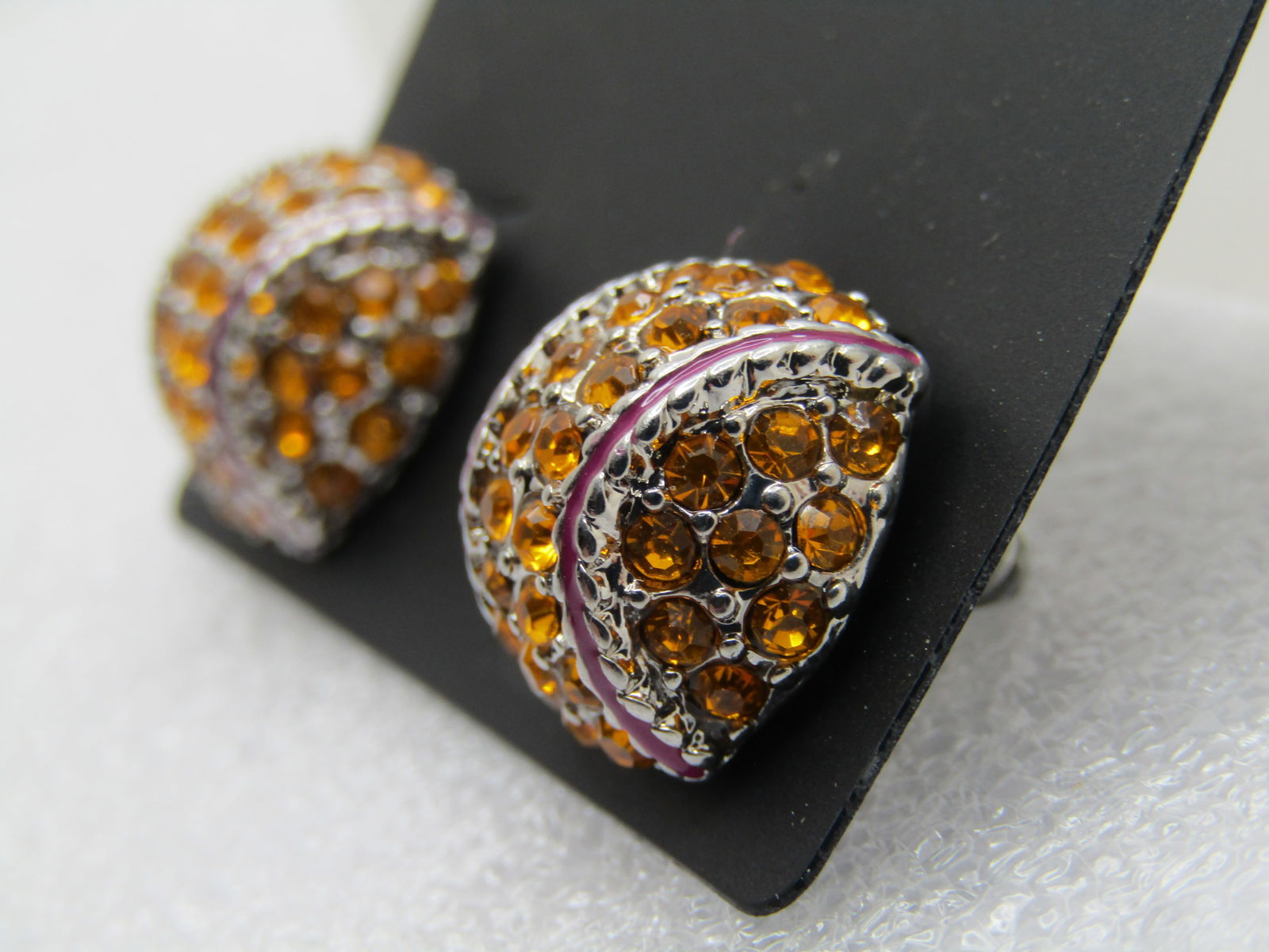 Yellow Rhinestone earrings, Silver Tone, Baseball Like, Pierced - 2