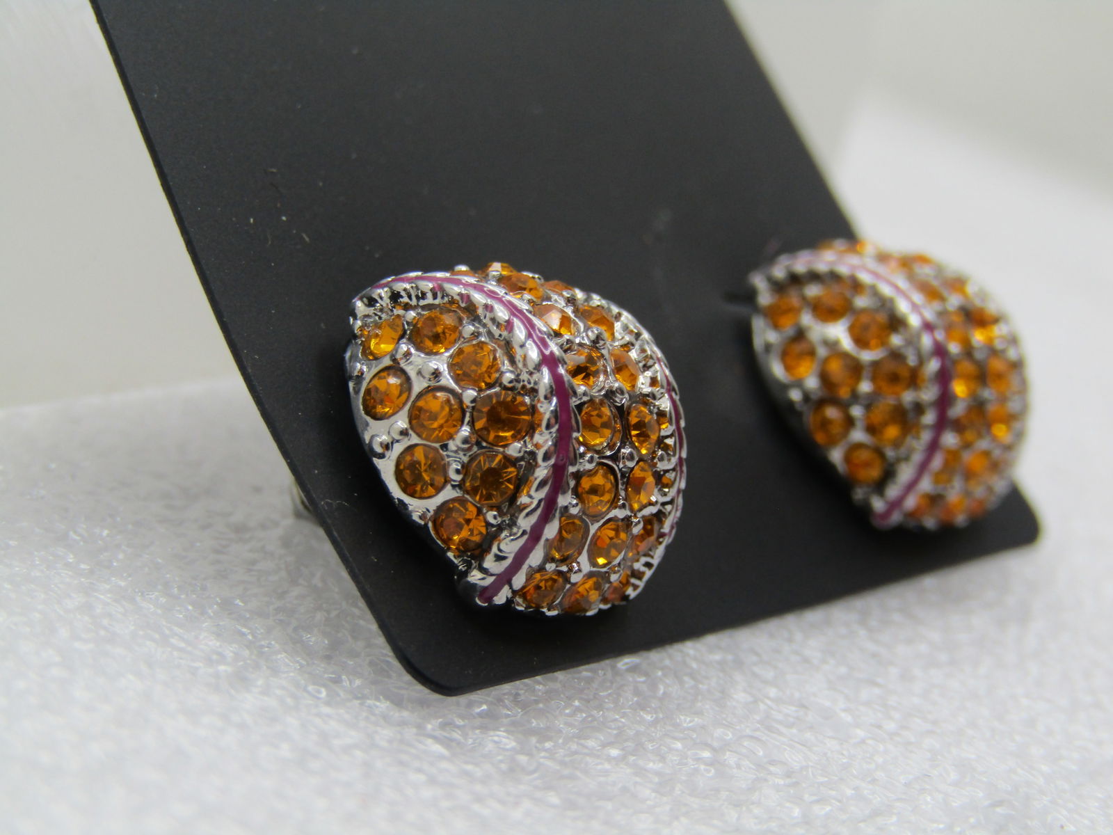 Yellow Rhinestone earrings, Silver Tone, Baseball Like, Pierced - 3