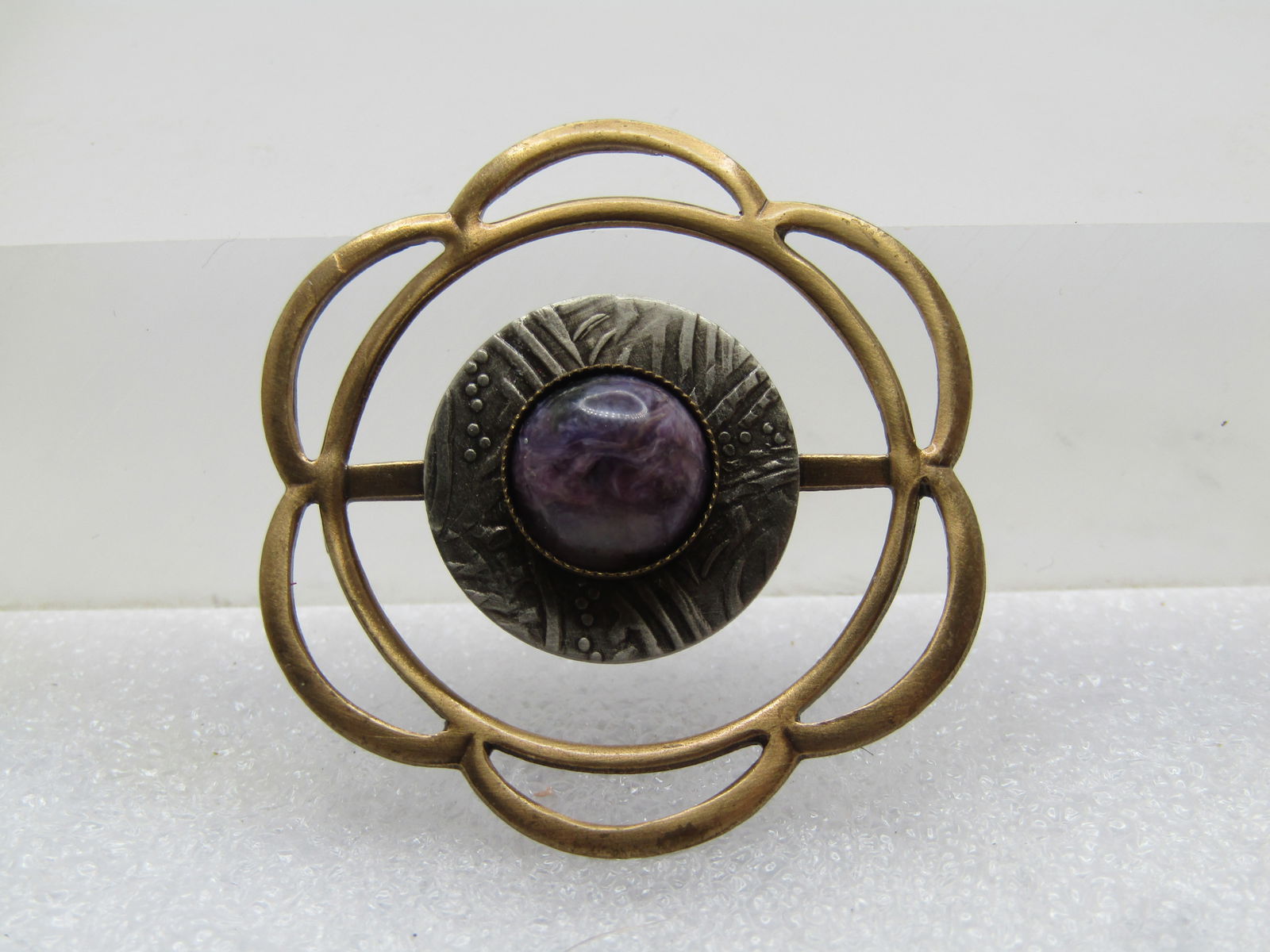 Vintage Purple Agate Two-Tone Brooch, Scalloped, 1980's-1990's: Vintage Purple Agate Two-Tone Brooch, Scalloped, 1980's-1990's. Brassy gold tone scalloped outer frame with a round frame and open space between the center stamped silver tone round base that the