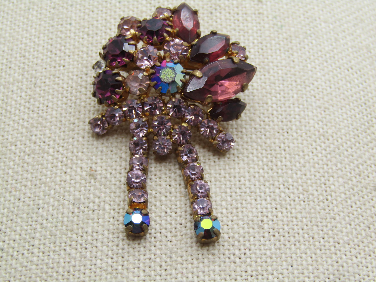 Vintage Pink and Purple Rhinestone Dangle Brooch, 1940's-1950's