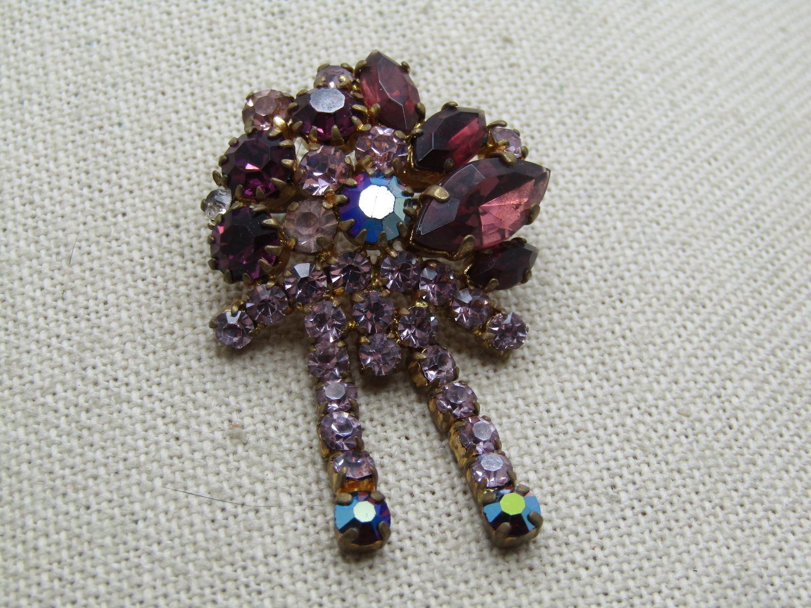 Vintage Pink and Purple Rhinestone Dangle Brooch, 1940's-1950's - 2