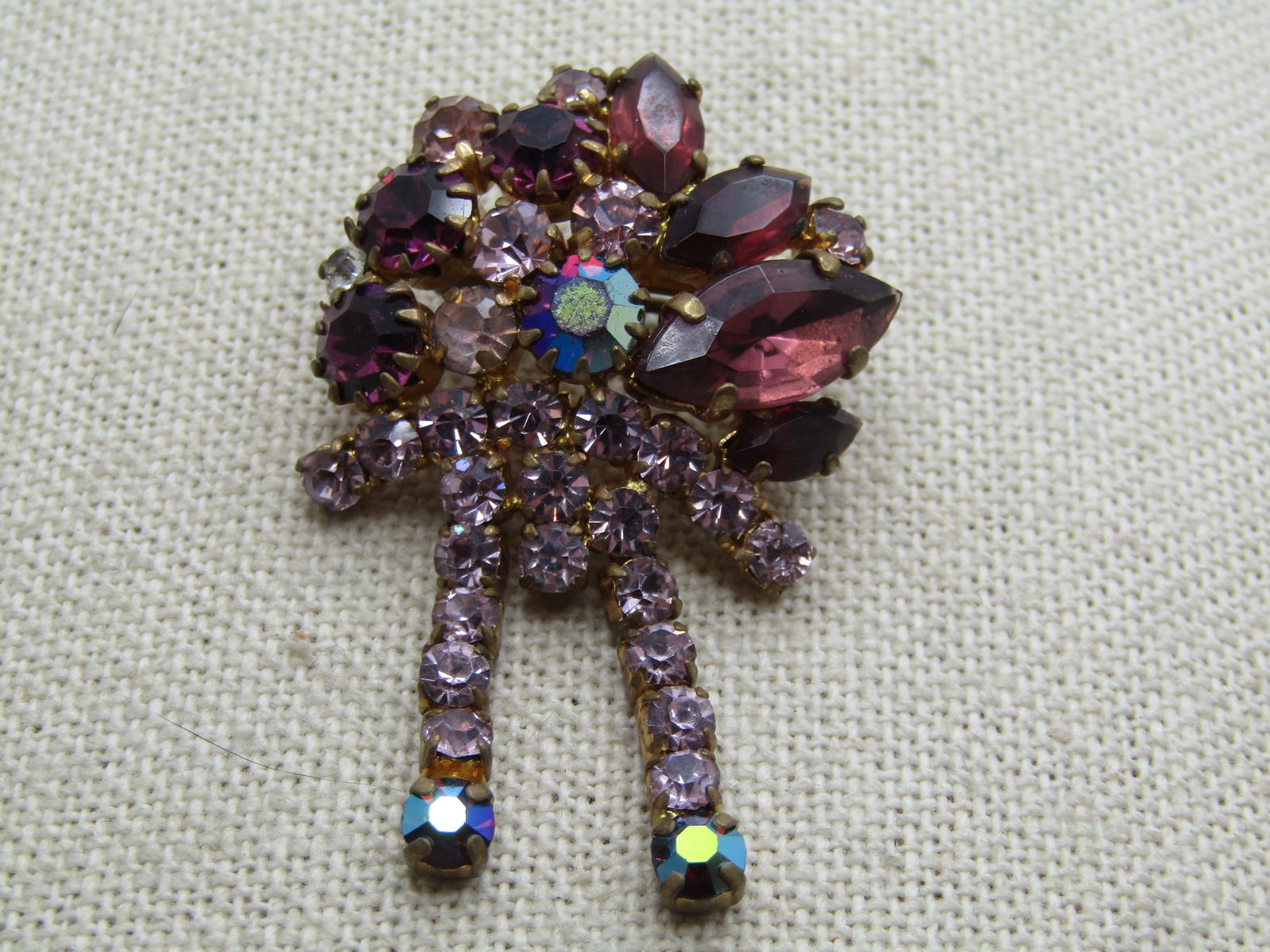 Vintage Pink and Purple Rhinestone Dangle Brooch, 1940's-1950's - 3