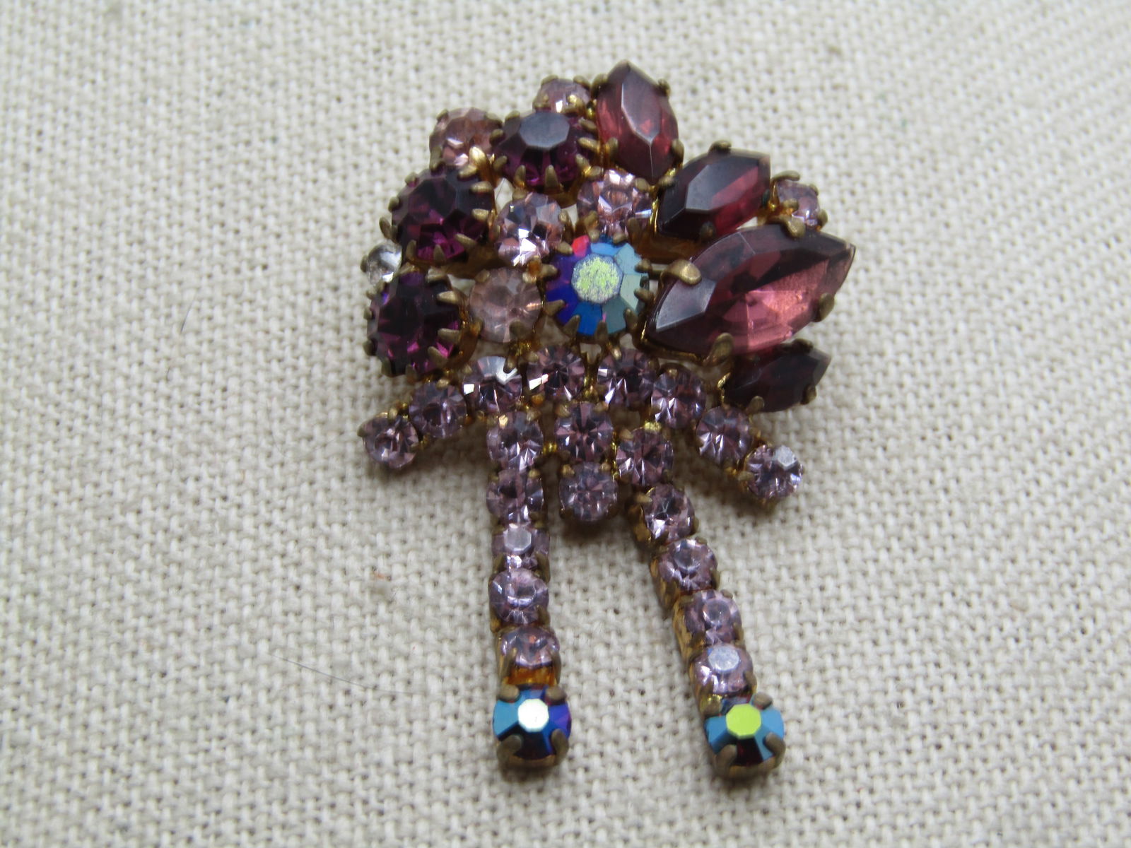 Vintage Pink and Purple Rhinestone Dangle Brooch, 1940's-1950's - 4