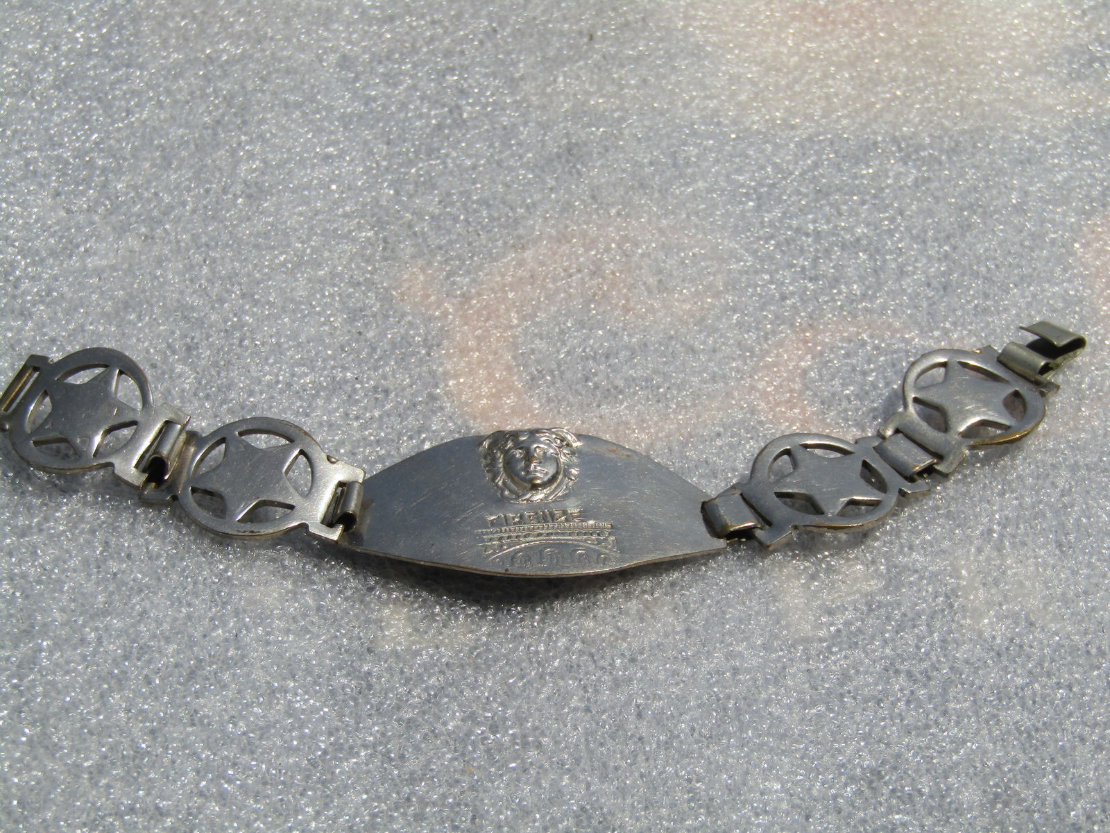 Vintage Firenze Raised Face & Star Link Bracelet, 7.25", Hook Clasp, 1950's-1960's: Vintage Firenze Raised Face & Star Link Bracelet, 7.25", Hook Clasp, 1950's-1960's. Likely a reference to Florence, italy given the structure under the wording. Also likely a souvenir style