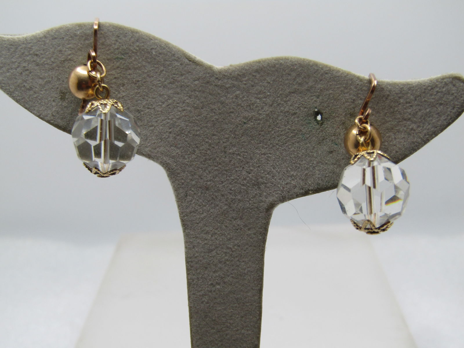 Vintage Faceted Crystal Drop Slide Earrings, Mid-Century, 10kt GF: Vintage 10kt G.F. Faceted Crystal Drop Slide Earrings, Mid-Century. These are made with gold tone square wire to create the slides that just clip on to the lobe, they have an appx. 6mm gold filled bea