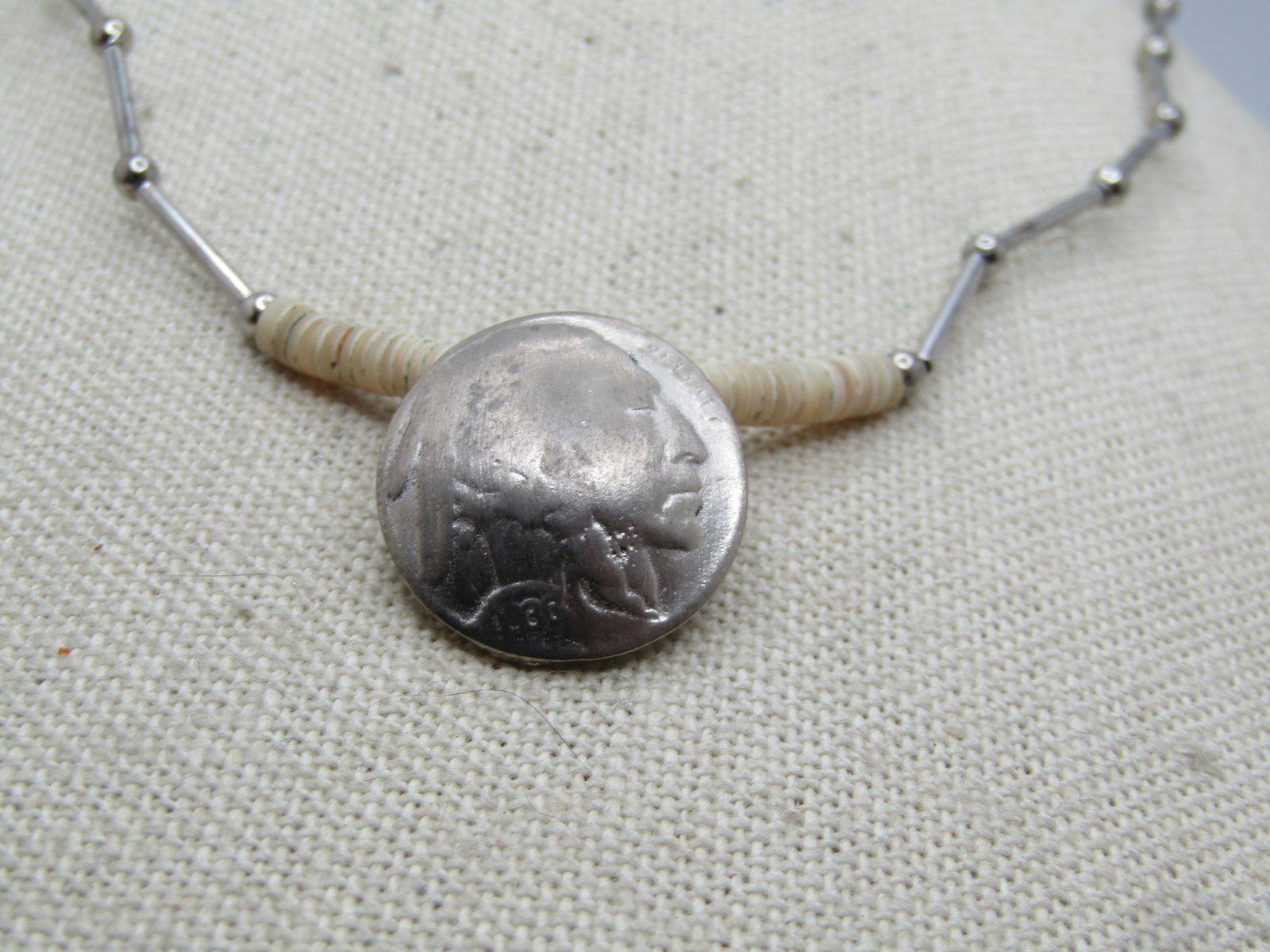 Vintage Heishi 1935 Buffalo Nickle Necklace, 16" - Southwestern, Unisex, 1970's - 2