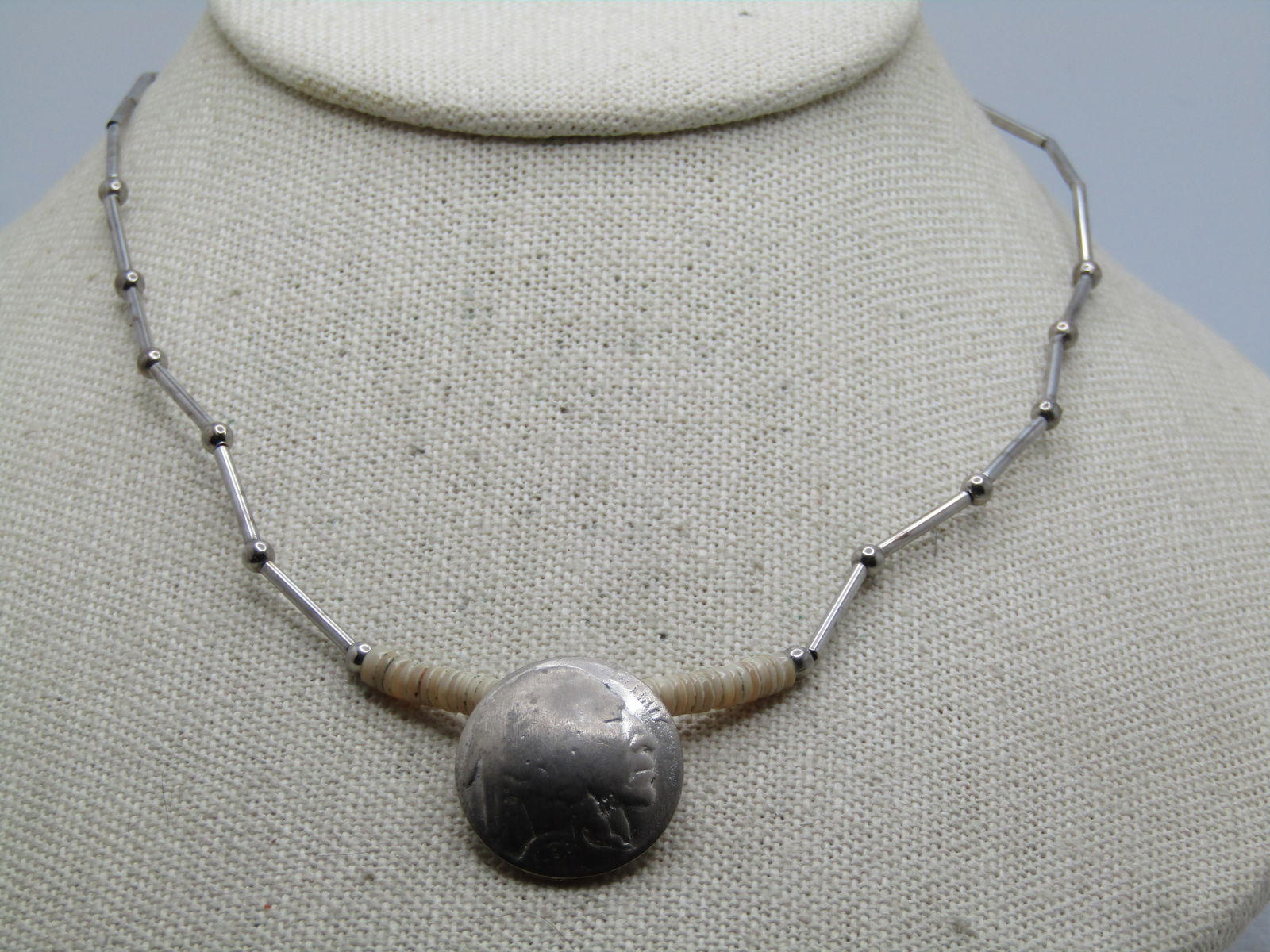 Vintage Heishi 1935 Buffalo Nickle Necklace, 16" - Southwestern, Unisex, 1970's - 4