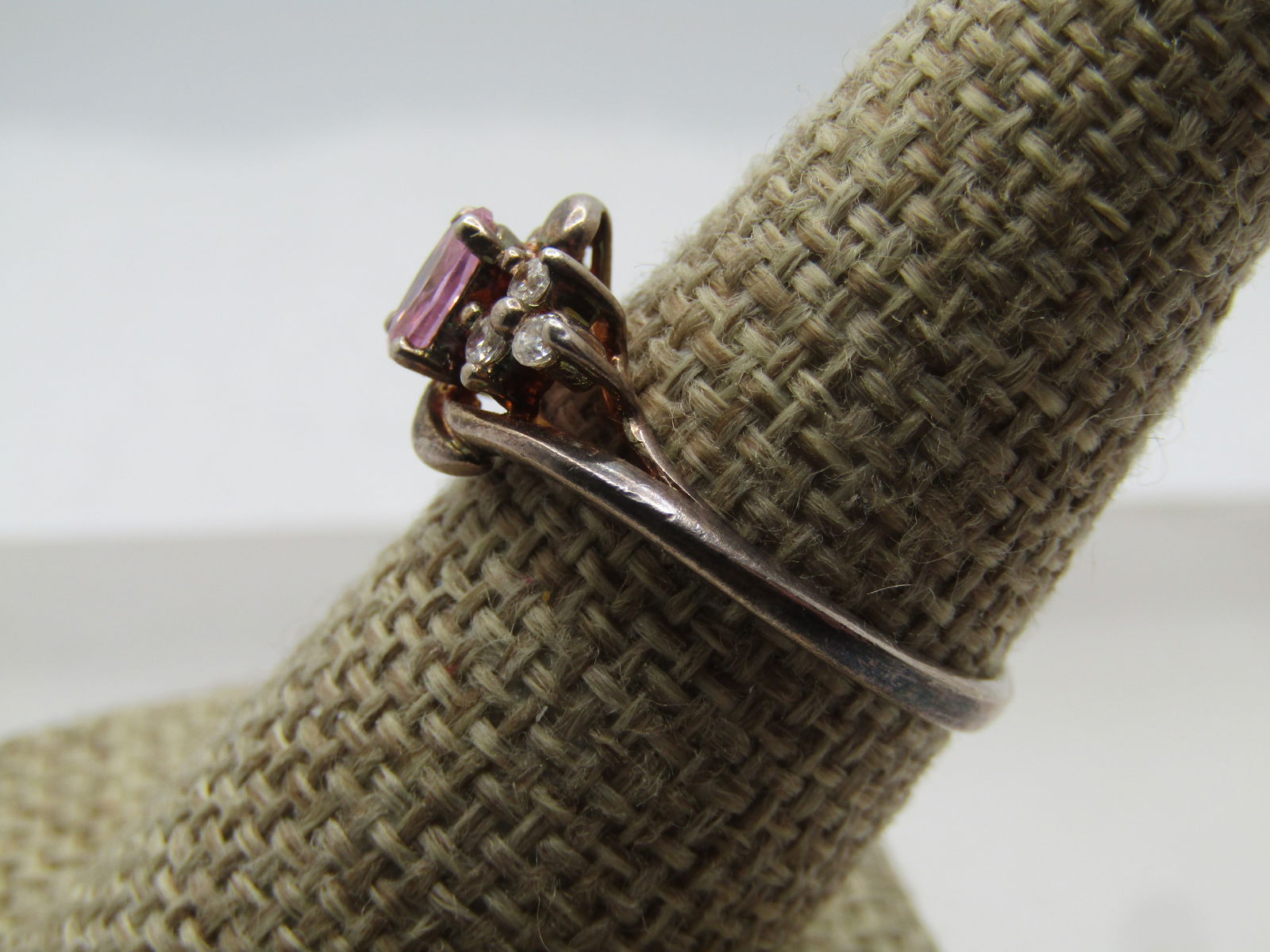 Vintage Pink & Clear Stone Ring, Sz. 8.5, Signed RJ. 1970's - 2