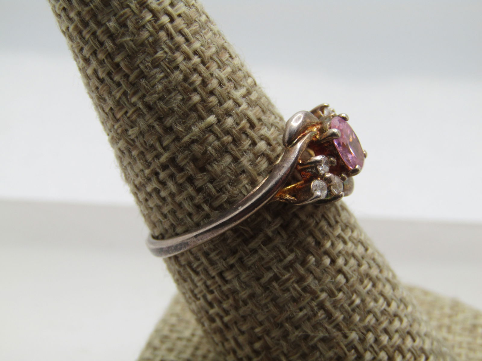 Vintage Pink & Clear Stone Ring, Sz. 8.5, Signed RJ. 1970's - 3