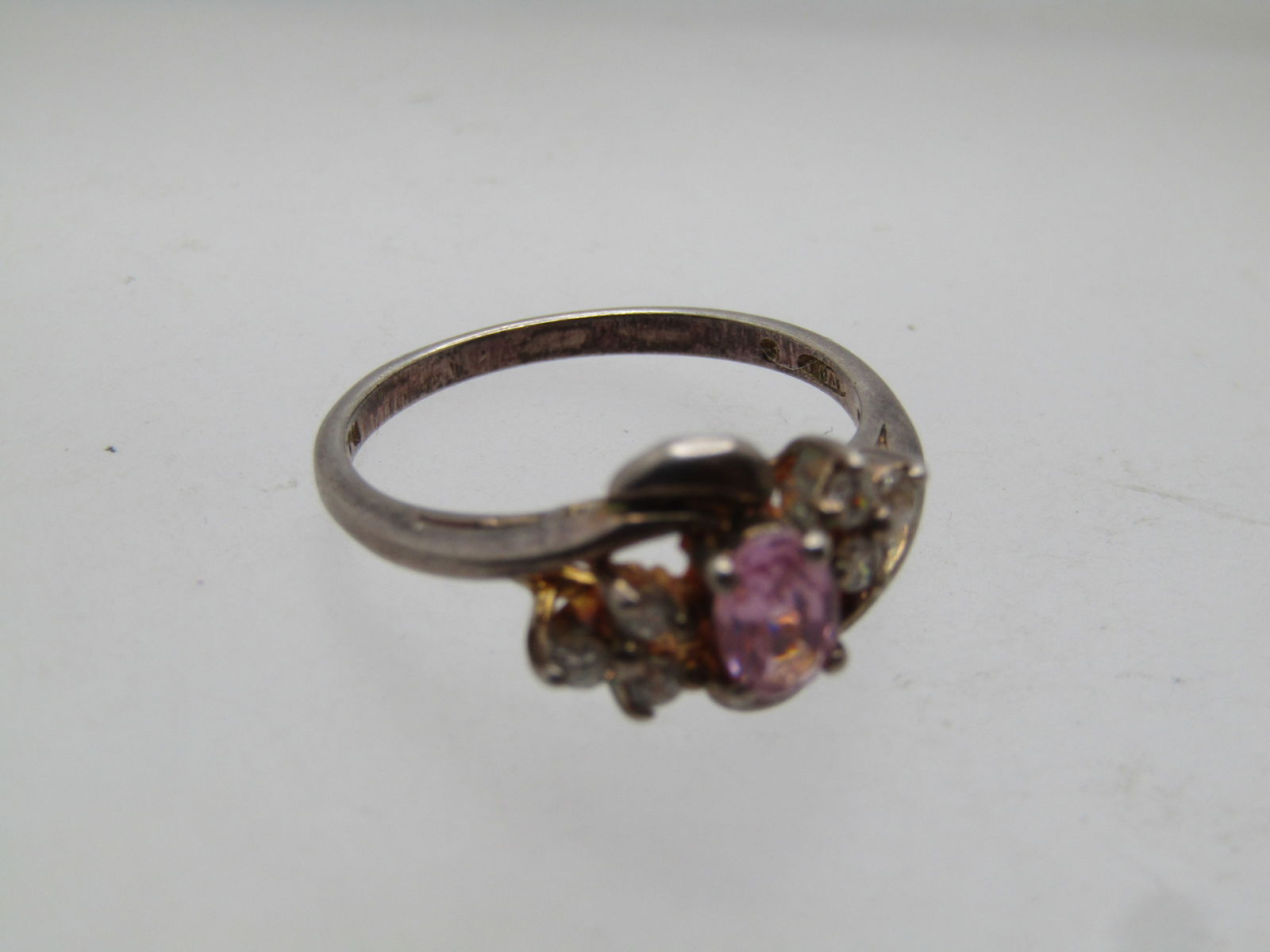 Vintage Pink & Clear Stone Ring, Sz. 8.5, Signed RJ. 1970's - 5