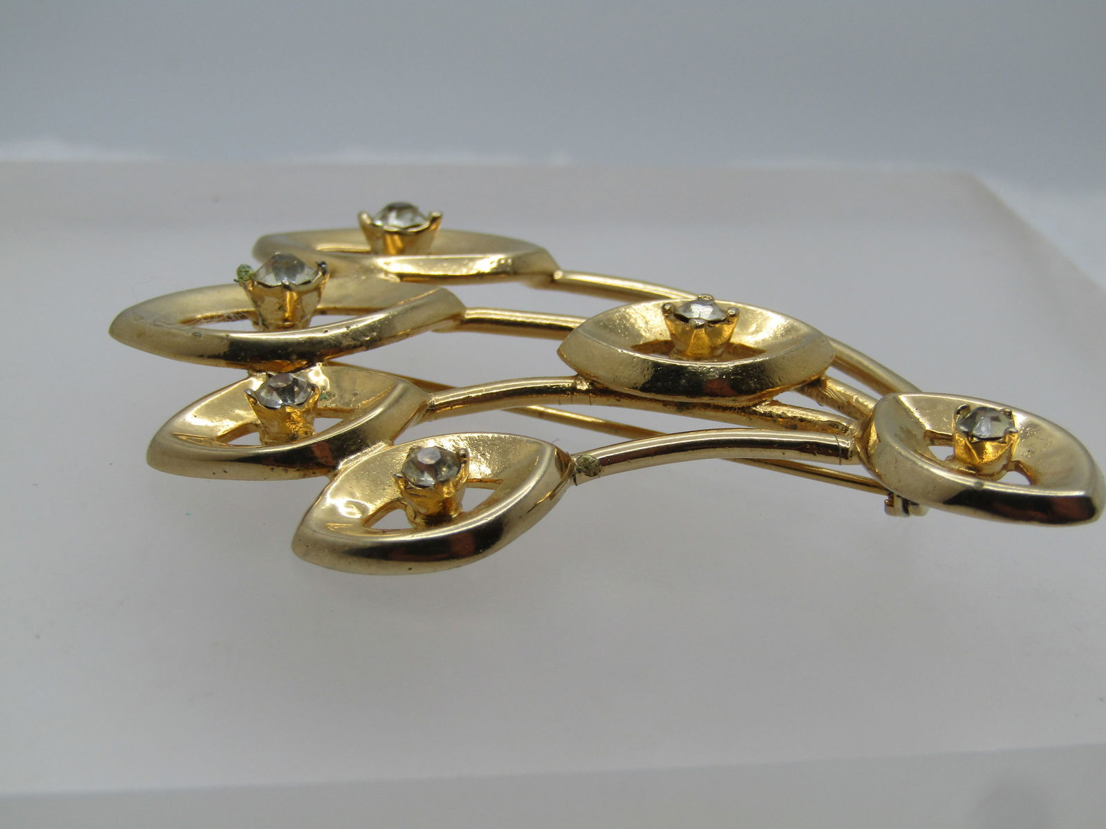 Vintage Mod Leaf Brooch with Rhinestones, 1960's - 5