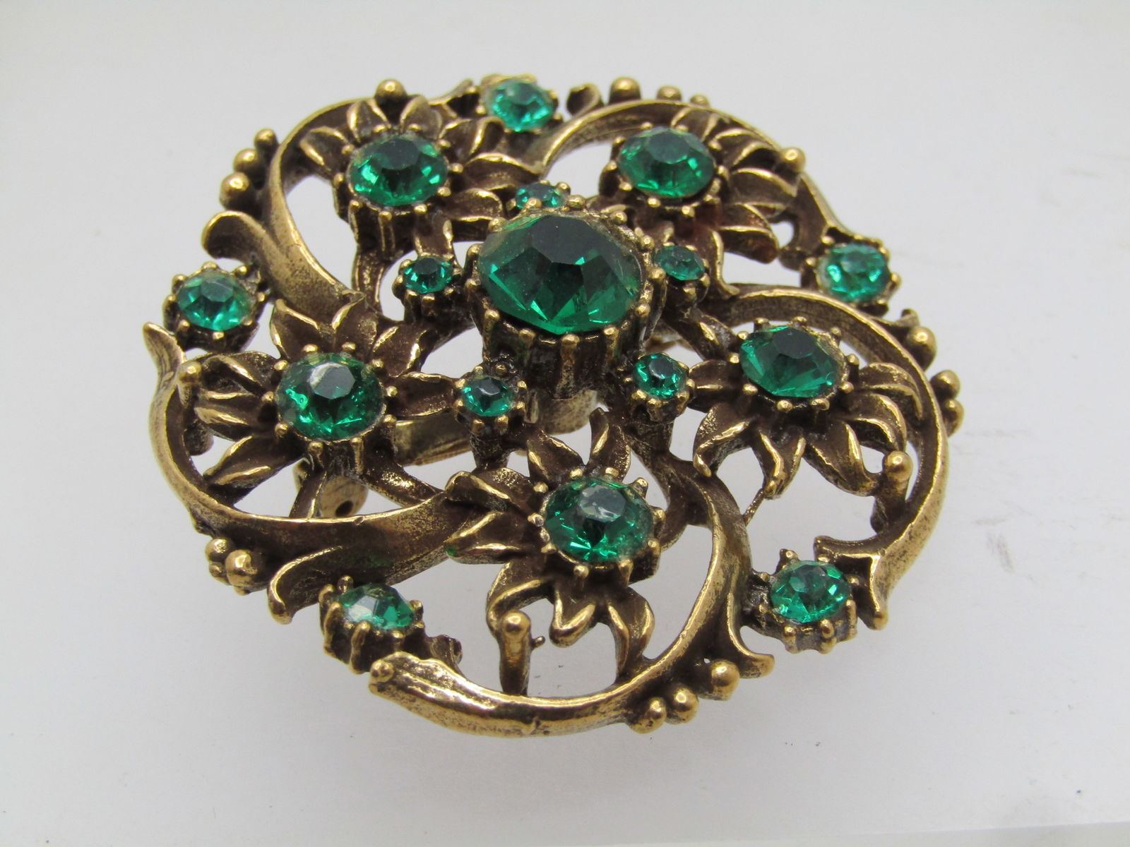 Vintage Green Rhinestone Spiral Blossom Brooch, Signed Coro 1960's - 2