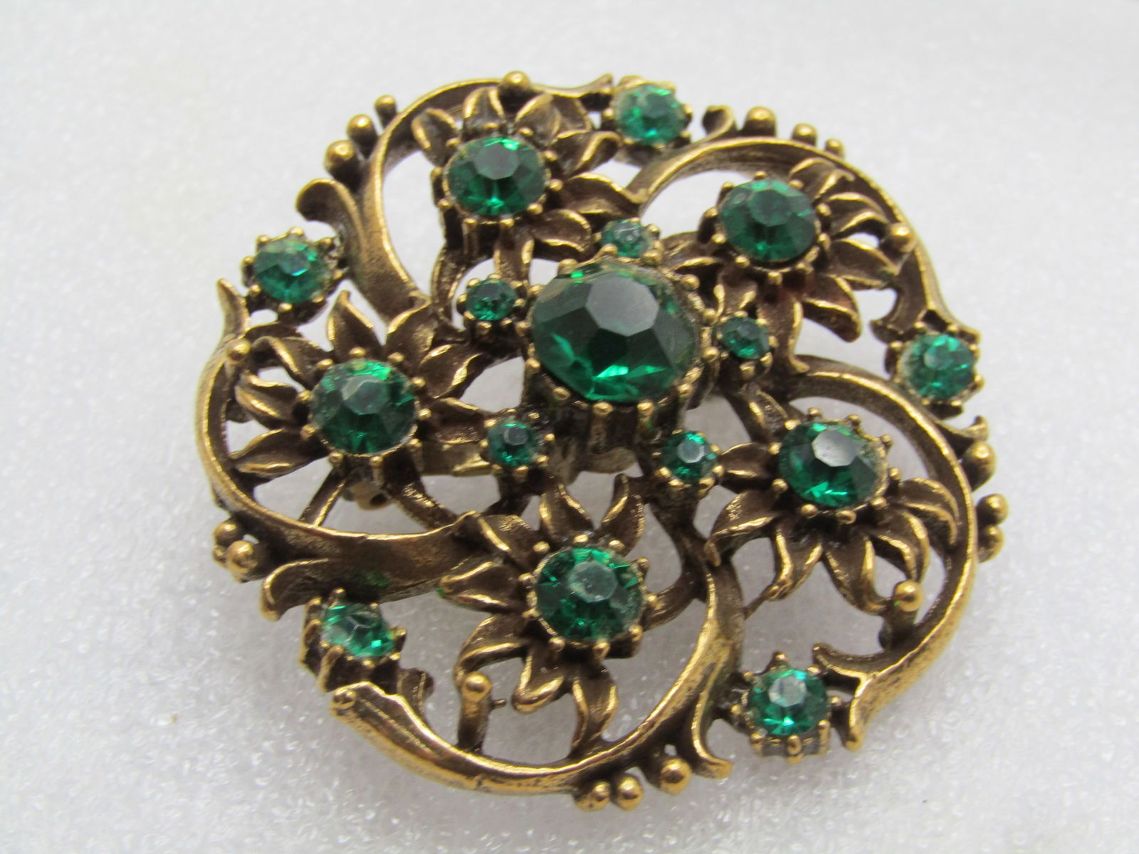 Vintage Green Rhinestone Spiral Blossom Brooch, Signed Coro 1960's - 6