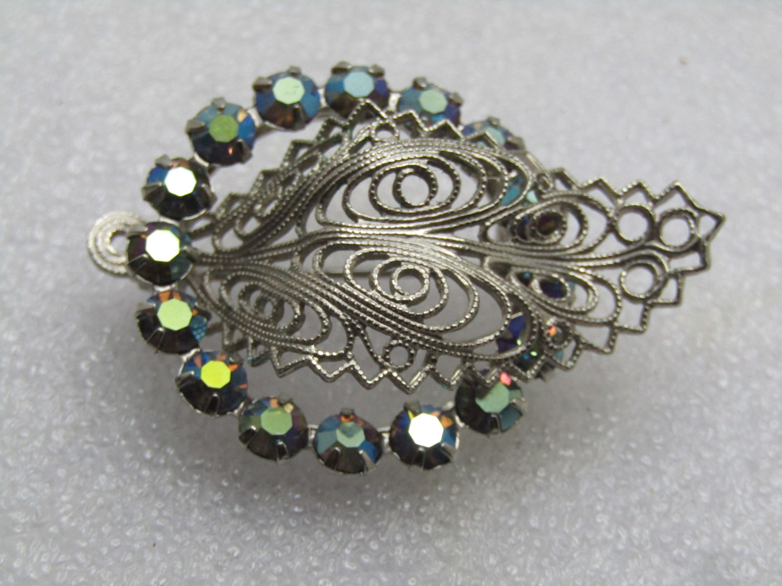 Vintage Blue Aurora Borealis Rhinestone Brooch, Filigree, 1960's - 7
