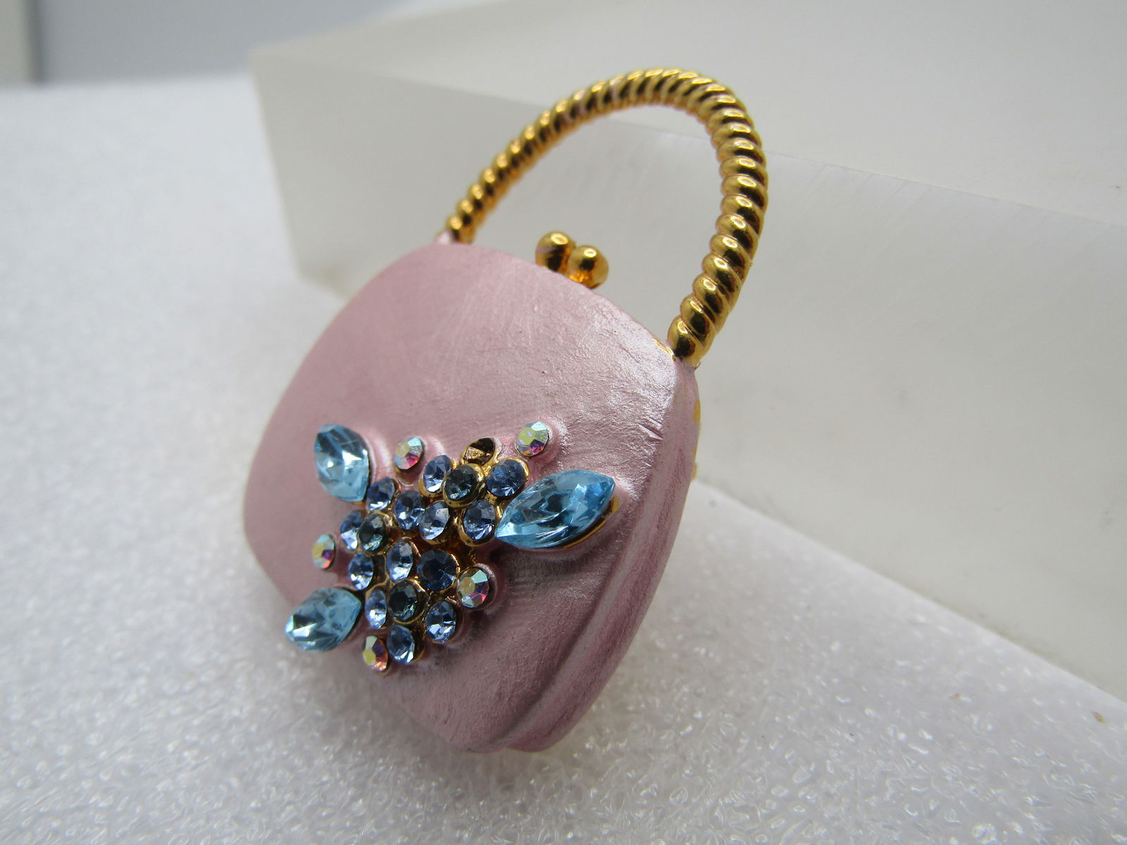 Vintage Pink Pearly Purse Tack Pin, Blue Rhinestones, 1980's - 2