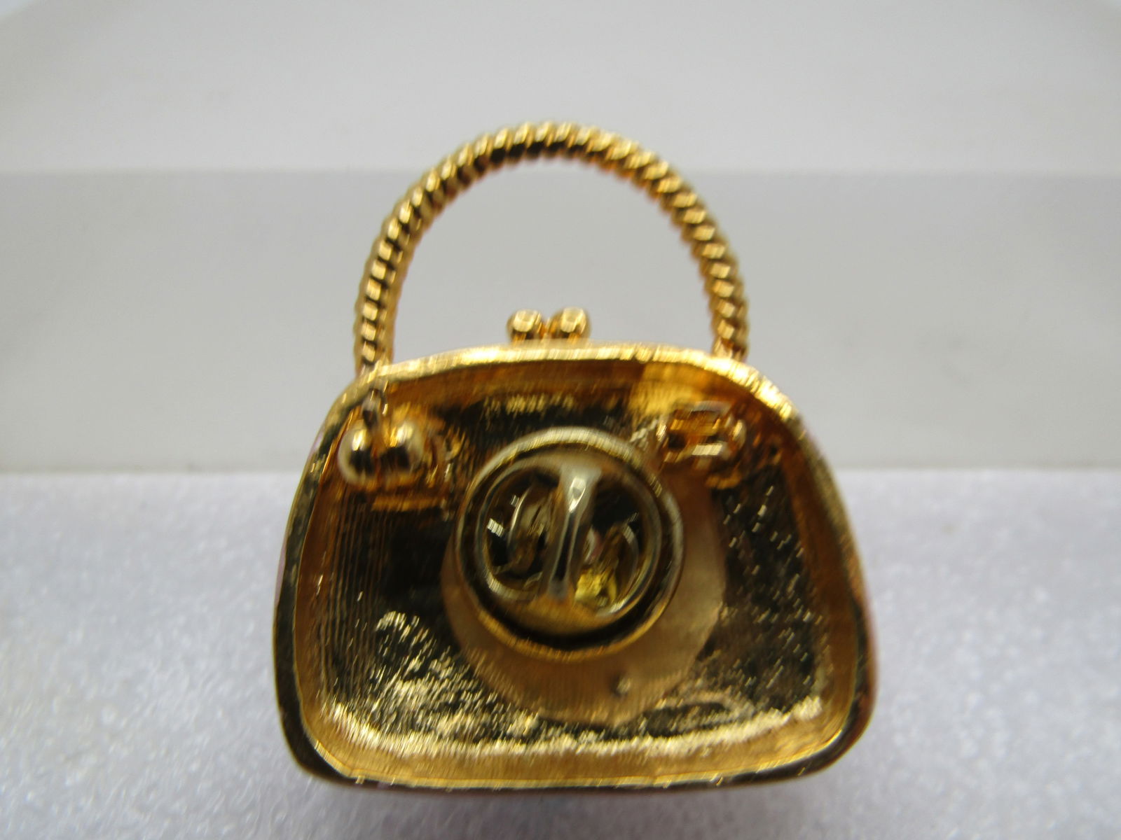 Vintage Pink Pearly Purse Tack Pin, Blue Rhinestones, 1980's - 4