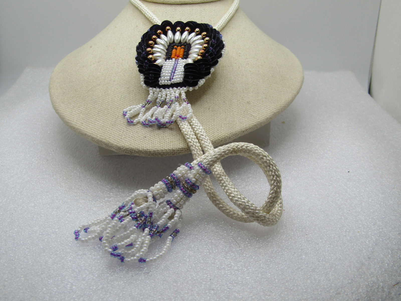 Vintage Beaded/Sequins Chief Bolo Tie, White/Purple/Gray, 34" with Tassels, 1970's-1980's - 2