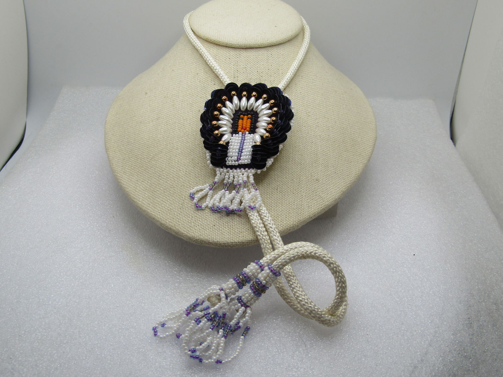 Vintage Beaded/Sequins Chief Bolo Tie, White/Purple/Gray, 34" with Tassels, 1970's-1980's - 4