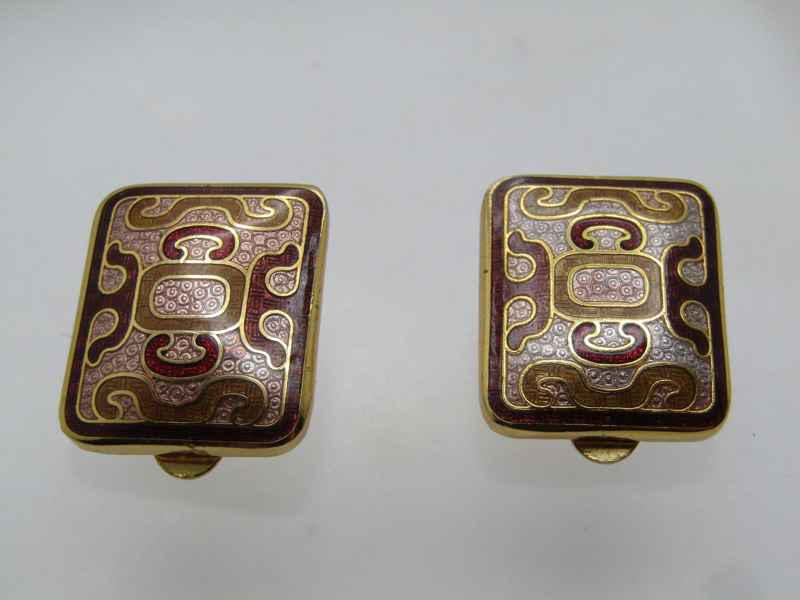 Vintage Cloisonne Clip Earrings, 1970's-1980's, Asian Themed: Vintage Cloisonne Clip Earrings, 1970's-1980's, Asian Themed. Rectangular with a domed center in pink circle cloisonne background with designs in golden yellow and dark red and framed in dark red. 