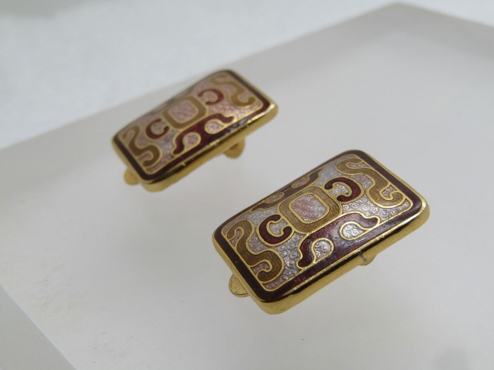 Vintage Cloisonne Clip Earrings, 1970's-1980's, Asian Themed - 2