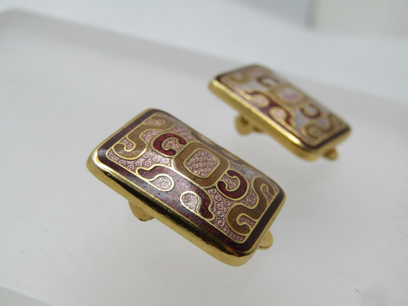 Vintage Cloisonne Clip Earrings, 1970's-1980's, Asian Themed - 3