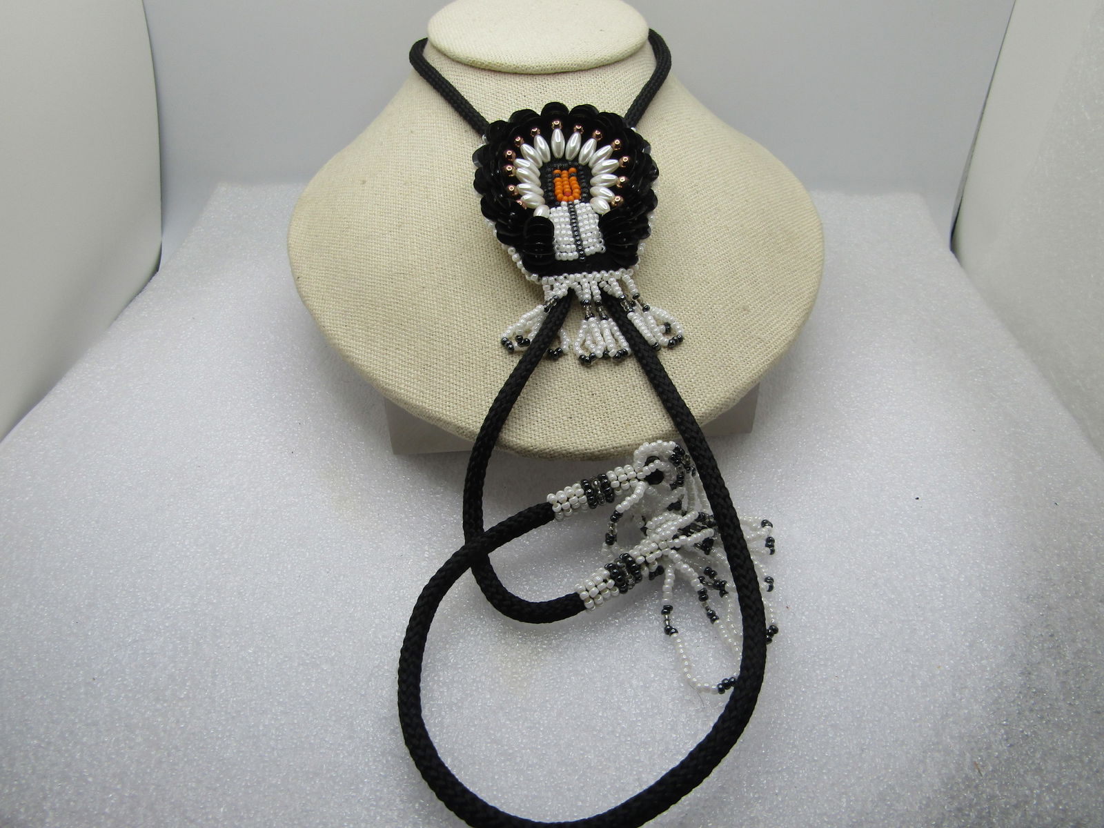 Vintage Beaded/Sequins Chief Bolo Tie, White/Black/Gray, 36" with Tassels, 1970's-1980's - 2