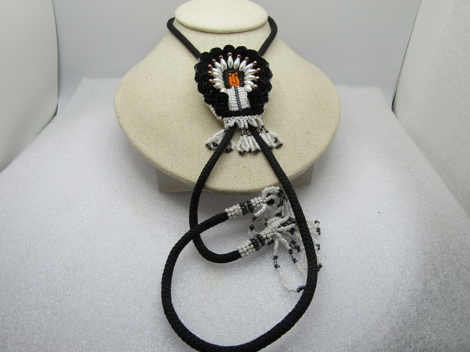 Vintage Beaded/Sequins Chief Bolo Tie, White/Black/Gray, 36" with Tassels, 1970's-1980's - 4