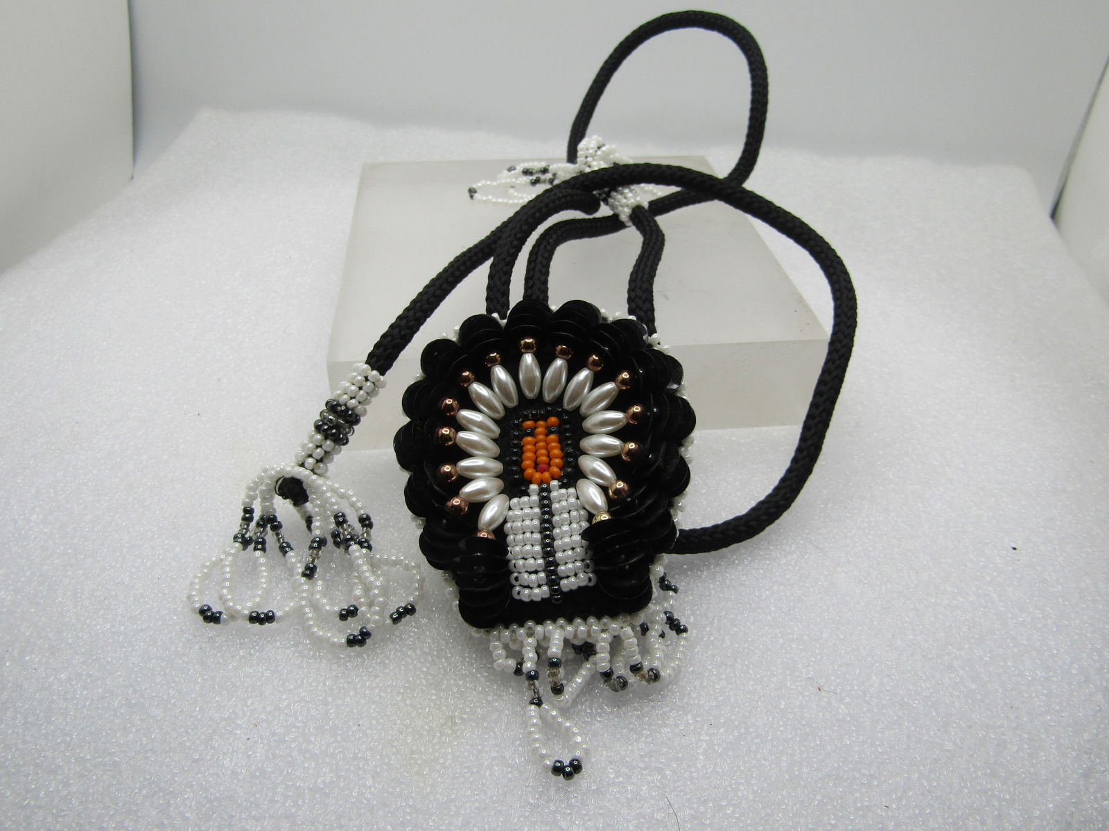 Vintage Beaded/Sequins Chief Bolo Tie, White/Black/Gray, 36" with Tassels, 1970's-1980's - 5