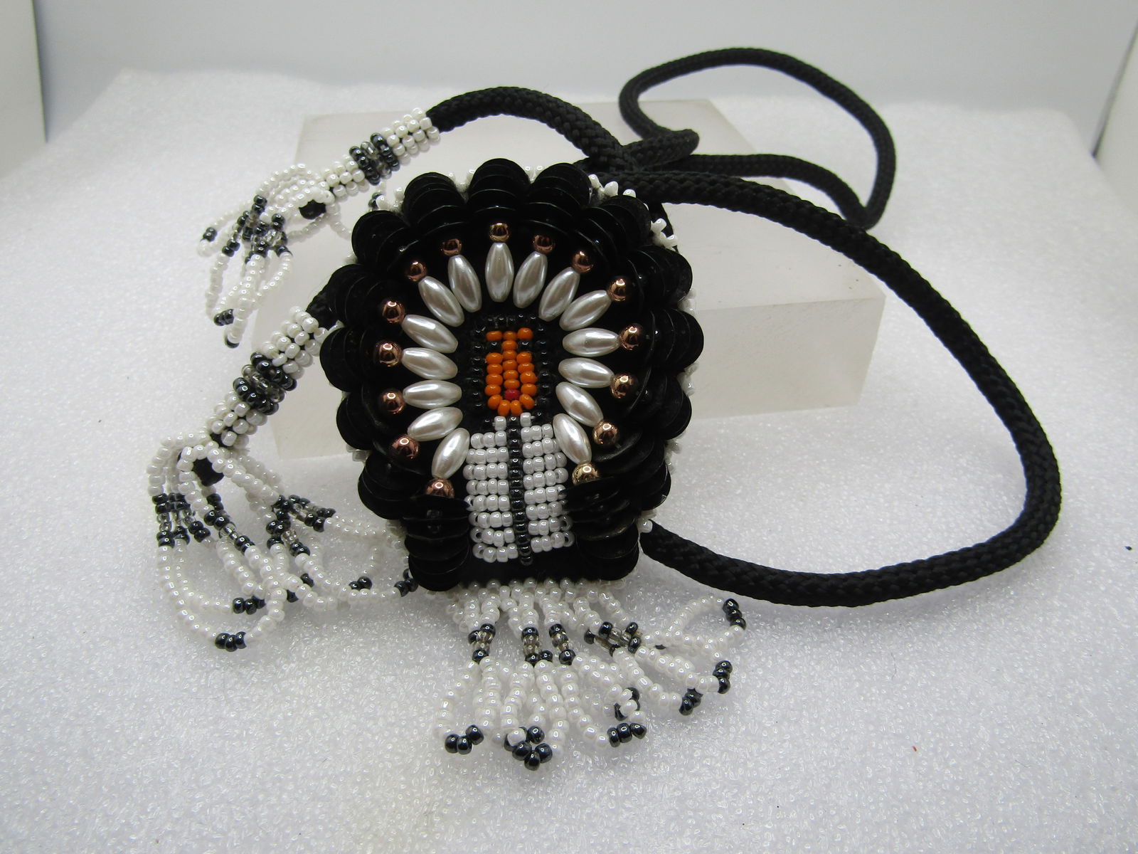 Vintage Beaded/Sequins Chief Bolo Tie, White/Black/Gray, 36" with Tassels, 1970's-1980's - 6