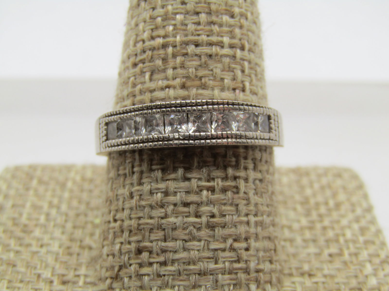 Vintage Sterling Square CZ/Rhinestone Band/Ring, Sz. 11, Wedding/Anniversary, 1980's-1990's: Vintage Sterling Square CZ/Rhinestone Band/Ring, Sz. 11, Wedding/Anniversary, 1980's-1990's. Milgrain edging the ring with 2mm square channel set clear stones - either rhinestones or CZs. Eight
