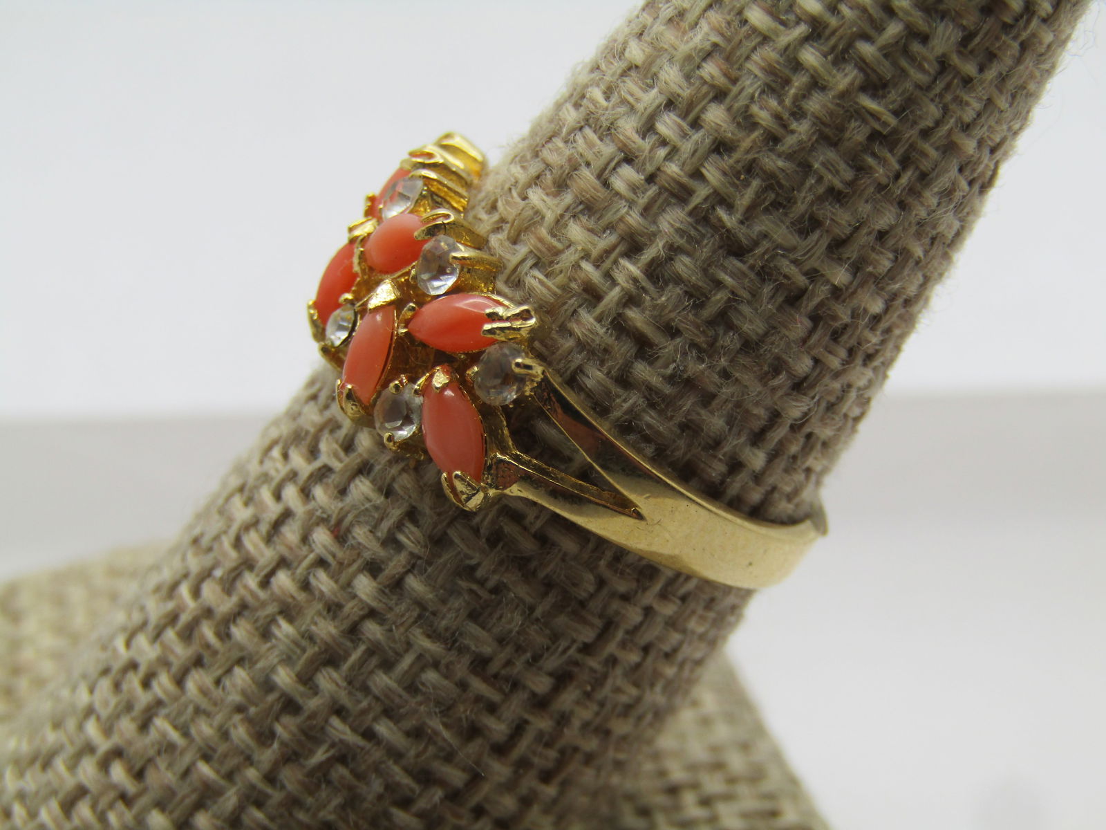 Vintage Faux Coral & Rhinestone Ring, Sz. 8.75, 1970's - 2