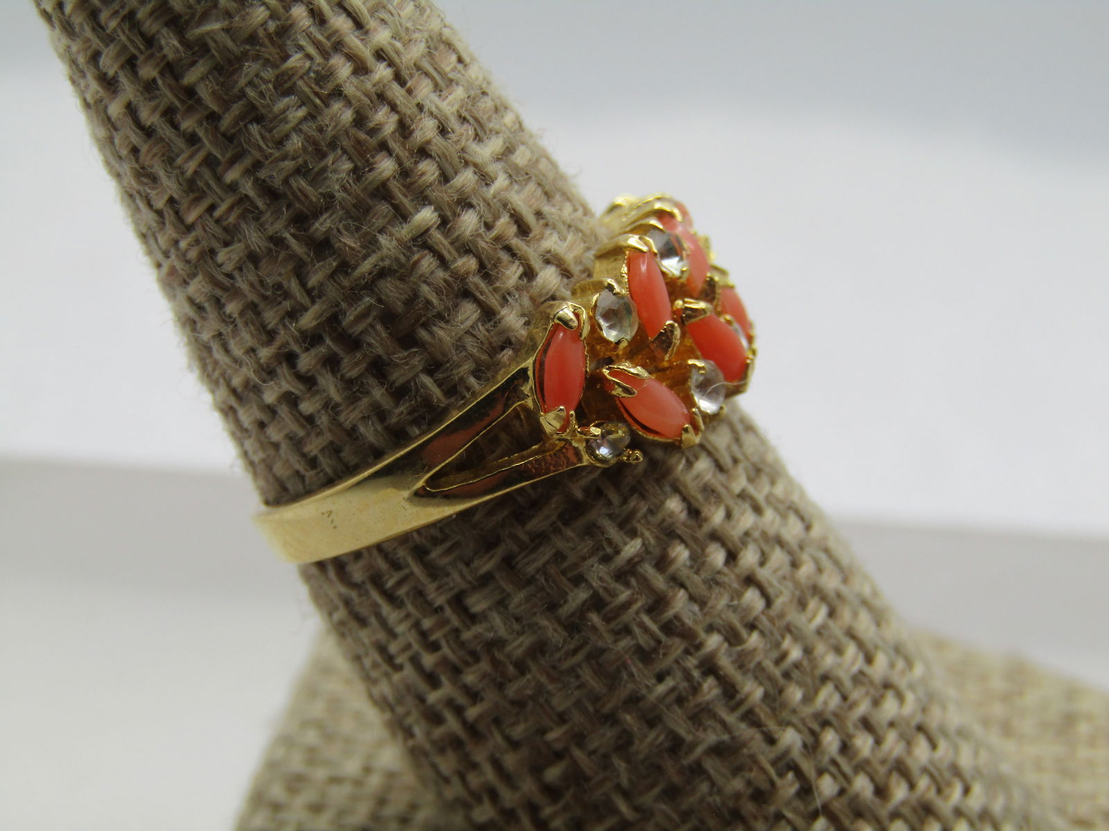Vintage Faux Coral & Rhinestone Ring, Sz. 8.75, 1970's - 3