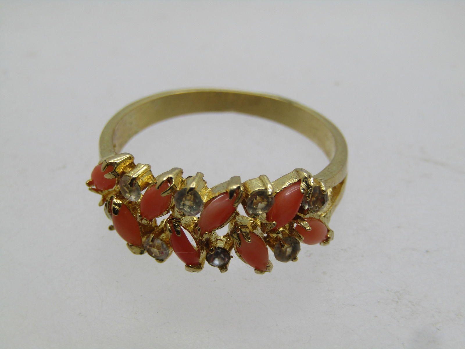Vintage Faux Coral & Rhinestone Ring, Sz. 8.75, 1970's - 5