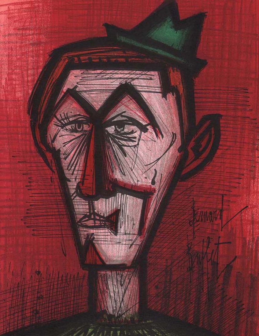 Bernard Buffet Original Lithograph Clown on Red Background 1967: Title: Bernard Buffet Original Lithograph Clown on Red Background 1967 Artist: Buffet Bernard Description: Artist: Bernard Buffet Country: France Title: The clown on red background Medium: Original