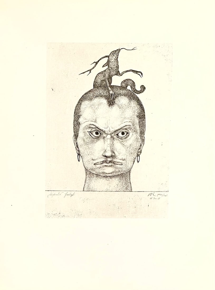 1947 Paul Klee Engraving 6 Head of Menace 1905: Title: 1947 Paul Klee Engraving 6 Head of Menace 1905 Artist: Klee Description: Artist: Paul Klee Country: Swiss / Germany Title: Head of Menace 1905 Medium: Engraving - 6 printed: 1947 by Meriden