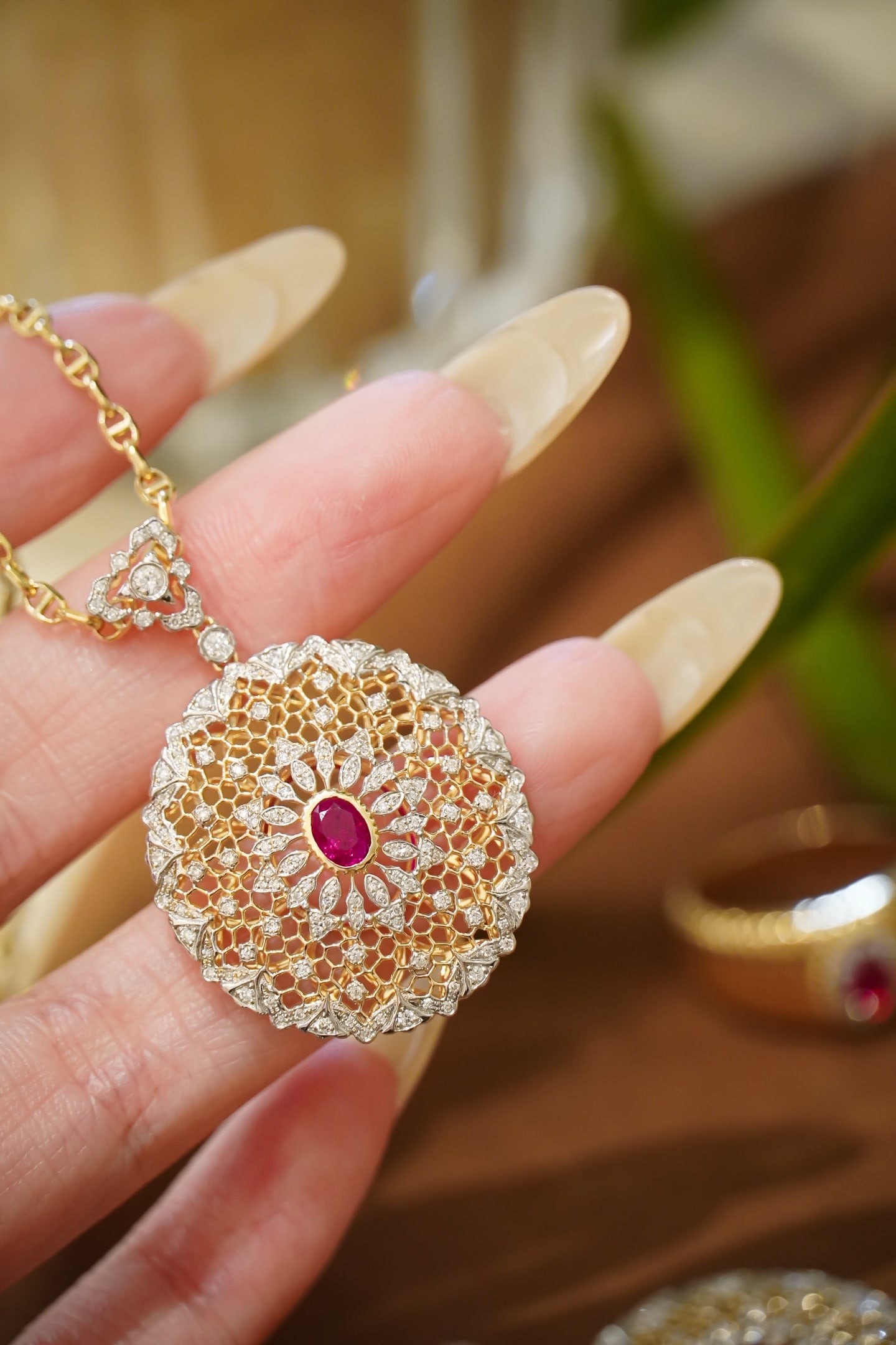 18K Gold Diamond Pigeon Blood Ruby Pendant - 5