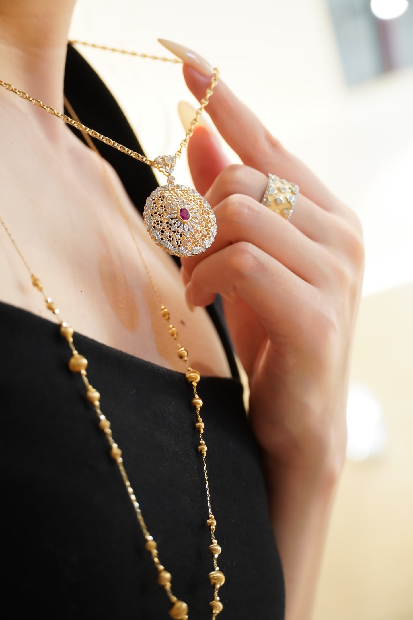 18K Gold Diamond Pigeon Blood Ruby Pendant - 8