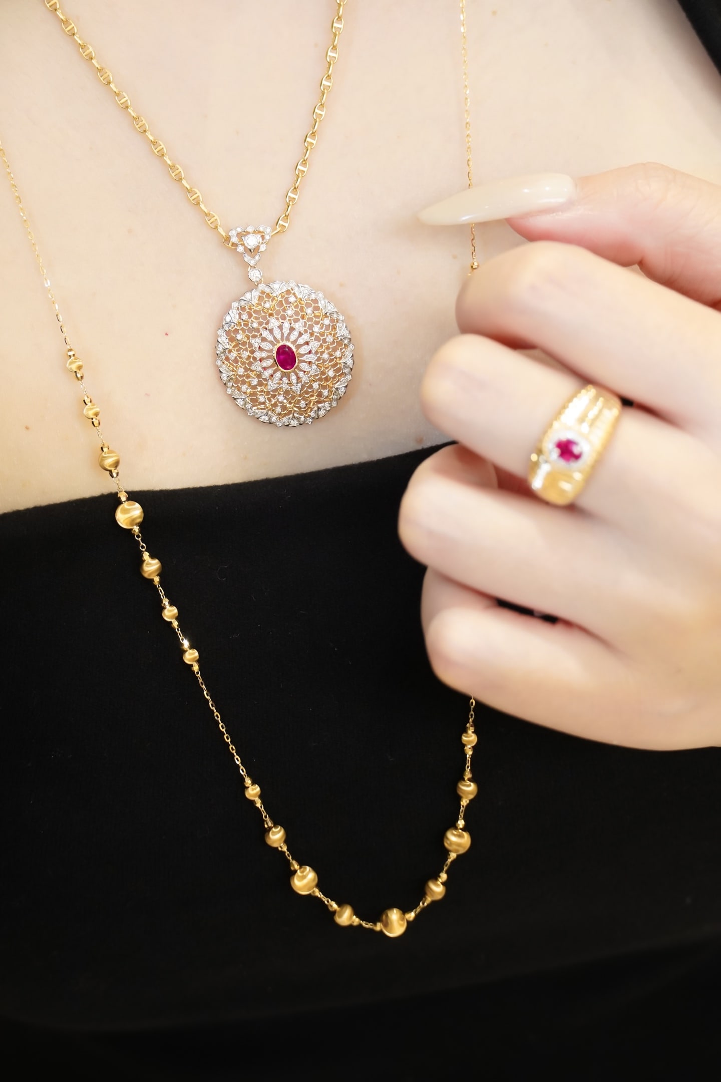 18K Gold Diamond Pigeon Blood Ruby Pendant - 9