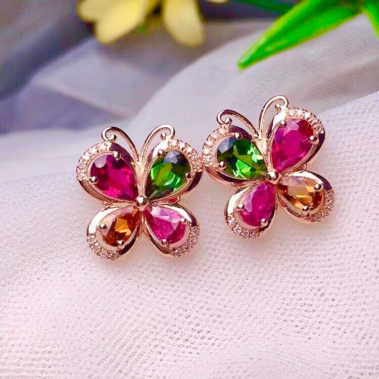 18k Gold Natural Tourmaline Clover Earrings - 2