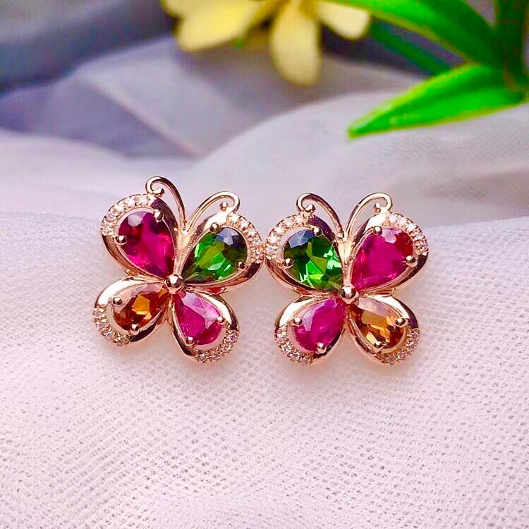 18k Gold Natural Tourmaline Clover Earrings - 3