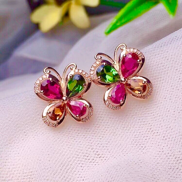 18k Gold Natural Tourmaline Clover Earrings - 4