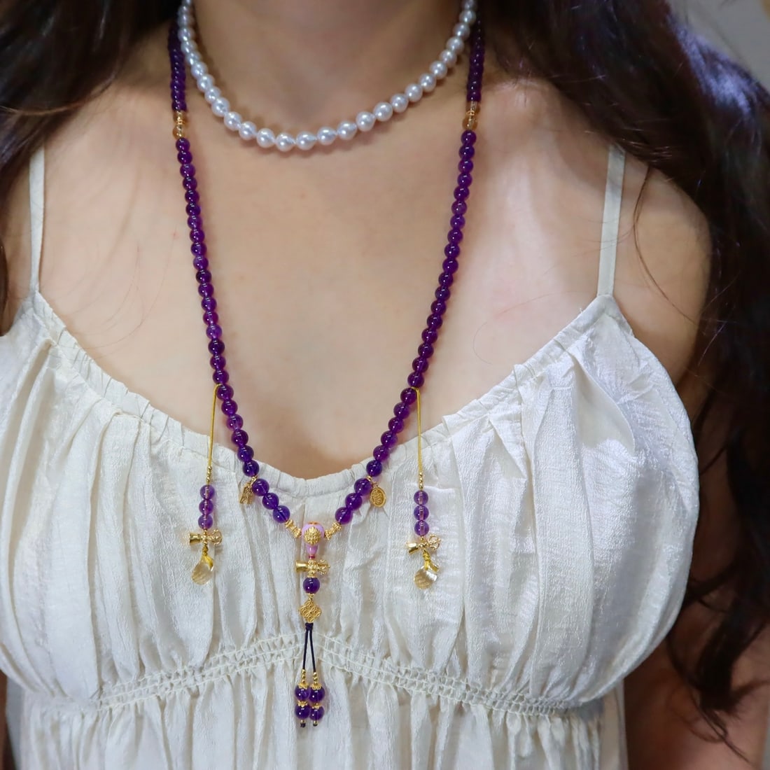 Amethyst Natural Gemstone Bead Bracelet/Necklace: Title: Amethyst Natural Gemstone Bead Bracelet/Necklace Description: This original design amethyst Buddha bead bracelet, which also functions as a necklace, features a four-loop design with very