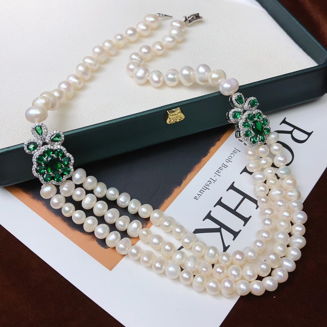 Multi-layered natural white pearl necklace - 6