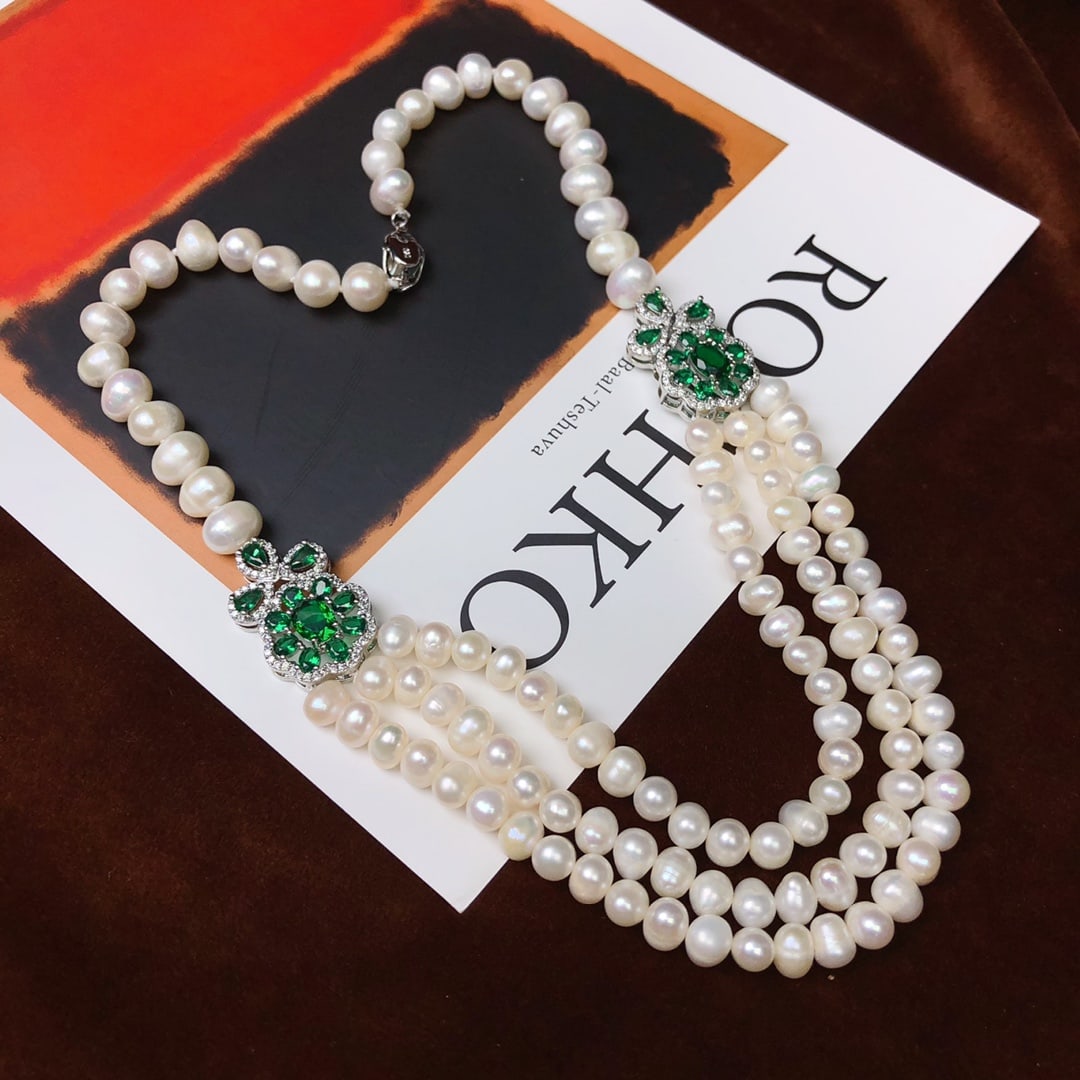 Multi-layered natural white pearl necklace - 7